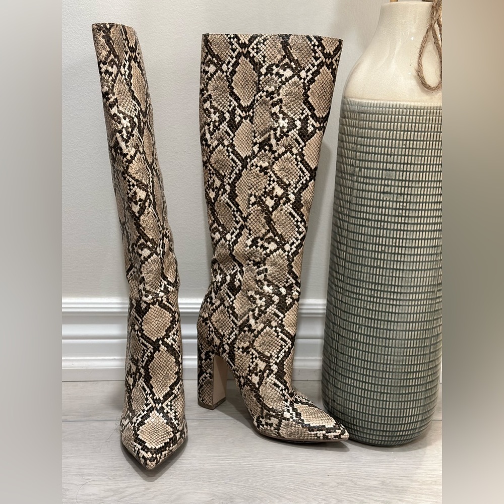 *SOLD*Steve Madden snake print knee high boots with block high heel.